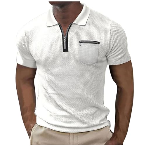 Poloshirt Herren Kurzarm Polohemd Männer Sommer Polo Shirt Fashionfreizeit Kurzarmshirt mit Brusttasche Golf T-Shirt mit Reißverschluss Sommershirt Bequeme Arbeitstshirts Prime Weiß XL