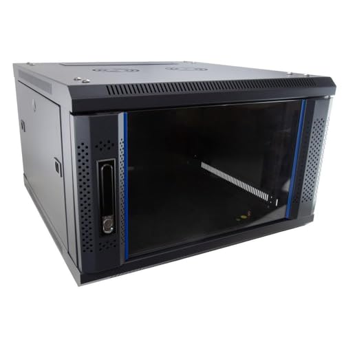kenable Server Flat Pack Wall Mounted Data Cabinet 6U 19 Inch Rack 600x600mm Deep Black with Glass Door and Locking Mechanism for Network Equipment