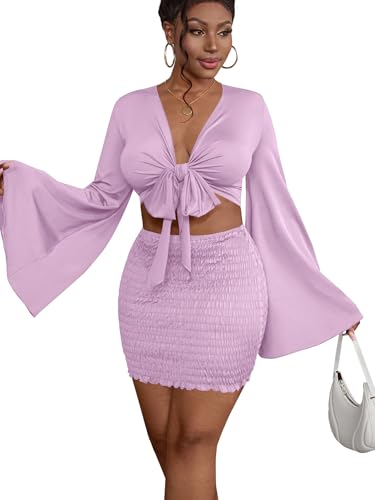Image of LYANER Women 2 Piece Vacation Outfits Tie Knot Front Bell Long Sleeve Crop Top and Mini Skirt Summer Set