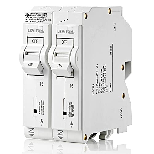 Image of Leviton Surge Protective Device with Two 15A 1-Pole Plug-On Standard Branch Circuit Breakers, Hydraulic Magnetic, 120 /240 VAC, LSPD1, White