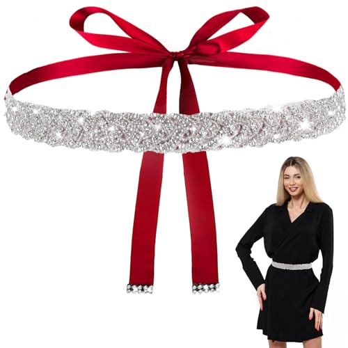 Bridal Rhinestone Belt for Women, Handcrafted Sparkly Rhinestone Belts for Formal Dress, Wedding Dress Belt Glitter Ribbon Belt for Jeans Dress(Red)