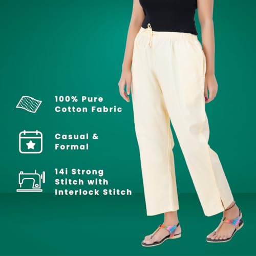 Image of Happy Bunny Parallel Pants for Women 100% Cotton Ankle Length Trousers Regular Fit with Elastic Drawstring Stylish & Pockets Casual Formal Wear for Office & Home