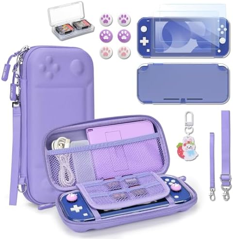 Younik Switch Lite Case, Portable Switch Lite Carrying Case, 14 in 1 Accessories Kit with Carrying Case, Protective Cover, Game Card Case, Screen Protectors, Thumb Grips, Pendant and straps (Purple)