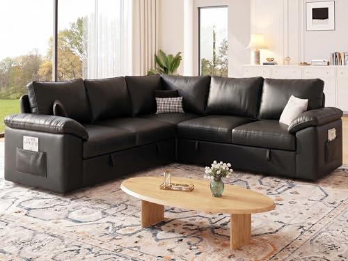 Image of 85 Inch Faux Leather Modular Sectional Sofa with Pull Out Bed, L Shaped 5 Seat Sectional Sleeper Sofa with Storage, Sectional Couches for Living Room, Cloud Modular Couch,Black Leather