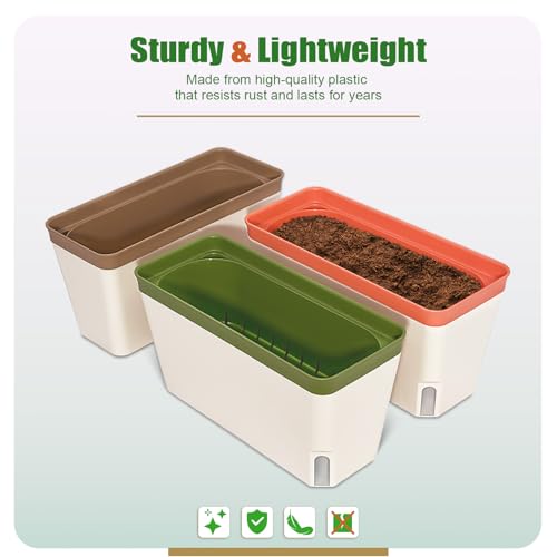 Image of OurWarm 3 Pack Self Watering Herb Planter Set for Windowsill, 10.5In Indoor Herb Garden Planters with Water Level Indicator, Dual Layer Easy Care Pot for Basil, Flowers, Vegetables & Succulent