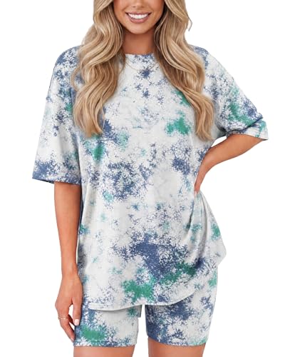 ZOOSIXX Women's Buttery Soft Pajama 2 Piece Sets for Women Summer - Oversized T-Shirt and Biker Shorts Lounge Sets Matching Outfit for Travel Casual (B-Sky Blue 2, Large)
