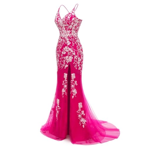 Image of Long Spaghetti Straps Tulle Mermiad Prom Dress V Neck Lace Appliques Formal Dress with Slit SF203