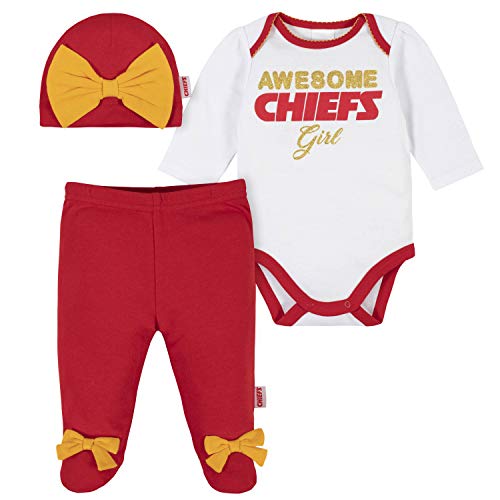Image of Gerber NFL baby girls 3 Pack Bodysuit Registry Gift Set Footed Pant and Cap