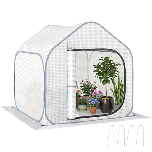 Outsunny Mini Pop Up Greenhouse with Reinforced PE Cover, Foldable Small Greenhouse with Zipper Door for Indoor Outdoor, 150 x 148 x 148 cm, White