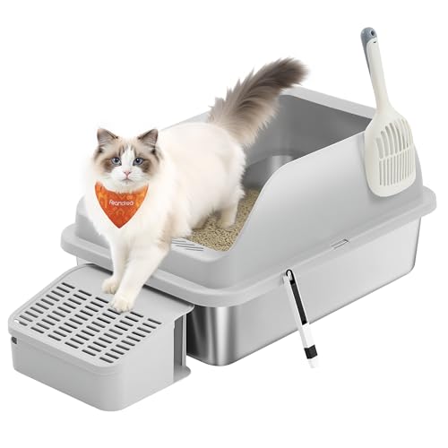 Feandrea Stainless Steel Cat Litter Box with Open Top, High Sided Litter Tray with Step, Scoop, Brush, for Cats up to 33 lb, Dove Gray UPPT008GD01 1 Pack Dove Gray