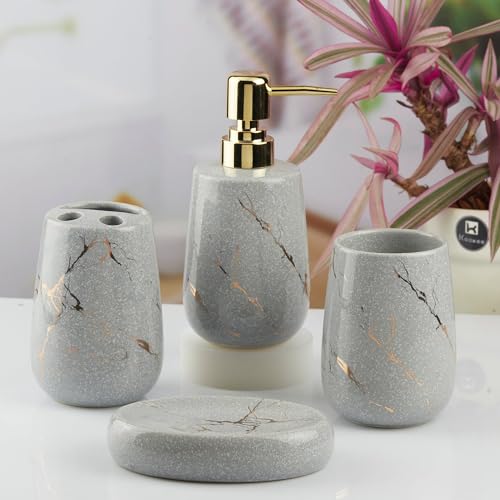 Image of Kookee Ceramic Bathroom Accessories Set 4 Piece - Soap Dispenser, Toothbrush Holder, Tumbler & Soap Dish | Modern Designer Decor for Home & Guest Bathroom, Dark Grey (10430)