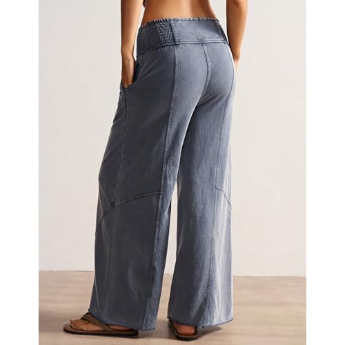 Womens Wide Leg Washed Pants Palazzo Casual Sweatpants Elastic Waisted Lounge Baggy Trousers with Pockets2