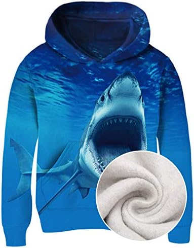 Idgreatim Teens Boys Girls 3D Graphic Hoodies Blue Shark Hooded Sweatshirt Long Sleeve Casual Tunics Lightweight Loose Fit Pullover Tops Size 14-16T