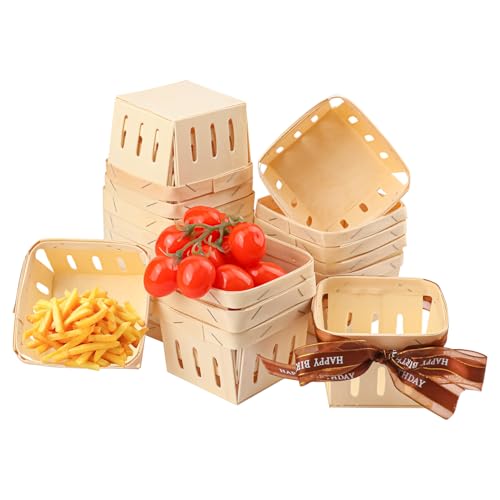 Geytetqi 24 Pack One Pint Wooden Berry Baskets for Picking Fruits, 4 Inch Small Square Wooden Berry Baskets for Berries, Fruit Picking, Crafts Decor
