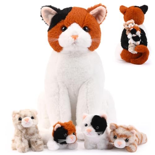 Zomiboo 5 Piezas Peluche de Gato Gato de Peluche Grande de 13,78 Pulgadas con 4 Gatitos para Niños Niñas Cumpleaños Halloween Navidad Regalos de Fiesta(Naranja Negro)