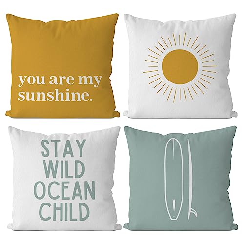 Image of IWXYI Boho Surf Positive Stay Wild Ocean Child Throw Pillow Cover 18x18 Inch Set of 4,Coastal Boy Sunshine Cushion Pillow Cover Nursery Decoration,Beach Surf Decorative Pillowcase for Nursery Decor