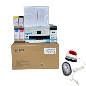 Epson F170 Cartridge-Free eco Supertank Sublimation Color Printer Starter Bundle. Free Mini Iron Heat Press Machine, 8.5″x 11″ 10 Sheets Free Sublimation Paper and 1 Heat Resistant Tape.