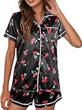 Avanova Women's Pajama Set Satin Moon Print Short Sleeve Button Down 2 Piece Sleepwear Moon Black Medium