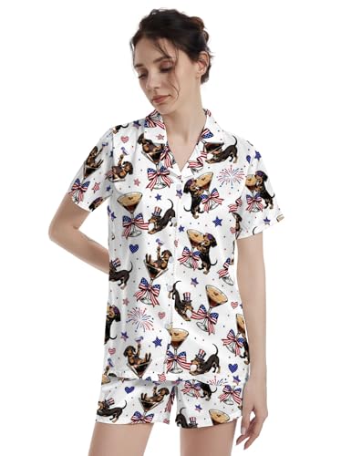 Image of Funny Satin Pajamas Set for Women Button Down Sleepwear Print Pjs Set 2 Piece Short Sleeve Loungewear Gift for Women