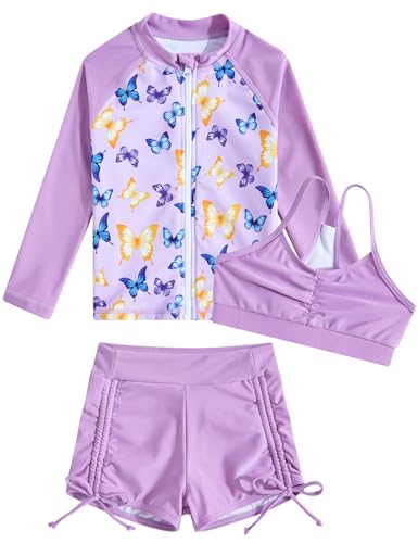 Image of Funnycokid Girls Swimsuit 3 Pieces Zip Rash Guard Bathing Suits Set Kids Bikini Boyshort Summer Swimwear 3-14 Years