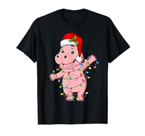 Hippo Wearing Santa Hat Xmas - Animal Hippo Lover Christmas Camiseta