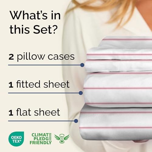 Image of Full 4 Piece Striped Sheet Set - Soft, Breathable & Cooling - Red Stripe | 1 Flat, 1 Fitted & 2 Pillowcases w / Deep Pockets, Luxury Striped Bedding, Soft, Breathable & Cooling, Wrinkle & Fade Free