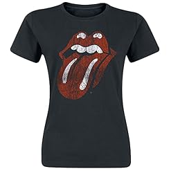 The Rolling Stones Langue Classique Femme T-Shirt Manches Courtes Noir Slim Fit - Les Beatles, Paul McCartney, John Lennon, RIngo Starr, George Harrison