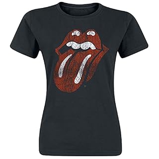 The Rolling Stones Langue Classique Femme T-Shirt Manches Courtes Noir Slim Fit - Les Beatles, Paul McCartney, John Lennon, RIngo Starr, George Harrison