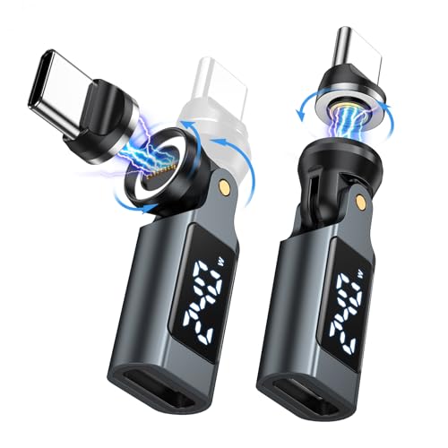USB C Magnetic Adapter PD 240W(2Pack) 9PIN USB C 90 Degree Adapter with LED Digital Display/360 &180 Degree Power Meter Tester for 1Phone 17/16/15 Ma-Book Pro/1Pad Series Samsung Tablet Laptop