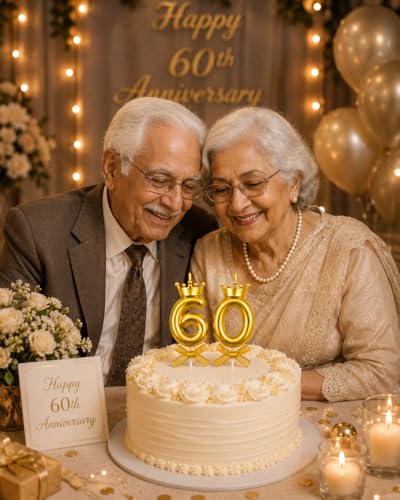 Image of Gold Number 60 Birthday Candle Set with Crown | Metallic Cake Topper Candles for 60th Birthday, Anniversary Celebration | Party Decoration Candles, 2 pcs