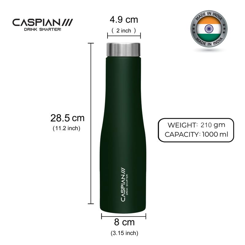 CASPIAN /// Aqua Stainless Steel Water Bottle (Green, 1 Litre, Set of 6)| Leak Proof Thunder for Fridge Home Office Travel School Kids Boys Girls Adults Sports Gym Yoga