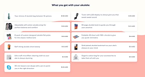 (Concert) - Ukulele Starter Kit (15-FREE-Bonuses) Mahogany Uke, Compression Sponge Case, Aquila Strings, Felt Picks, Tuner, Chord Stamp, Chord Chart, Leather Strap, Live Lesson & More