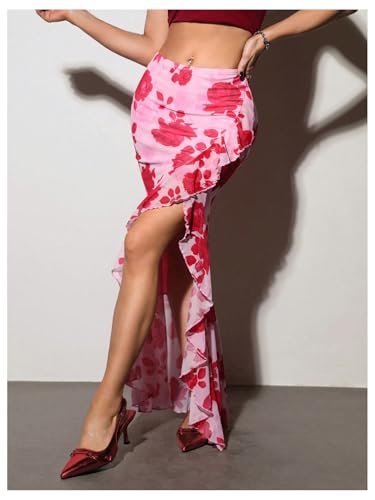 Verdusa Women's Floral Ruffle Maxi Skirt Thigh Slit Bodycon Vacation Summer Skirts4