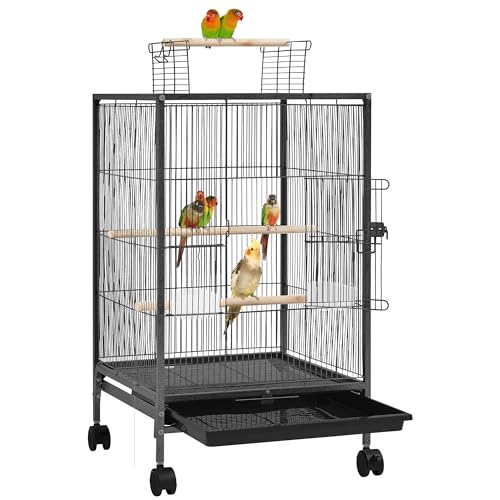 Yaheetech Gabbia per Uccelli in Metallo 45,5 cm x 45,5 cm x 79 cm, con Posatoio Mangiatoia Vassoio con Ruote, Voliera per Pappagallini Canarini Fringuelli, Gabbietta da Esterno Interno, Nera