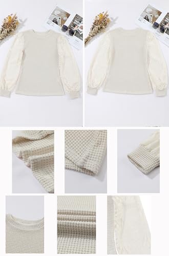 Image of BLENCOT Womens Casual Crochet Top Mesh Lace Long Sleeve Shirts Waffle Knit Blouse Crewneck Shirt Fall Womens Tops Pullover