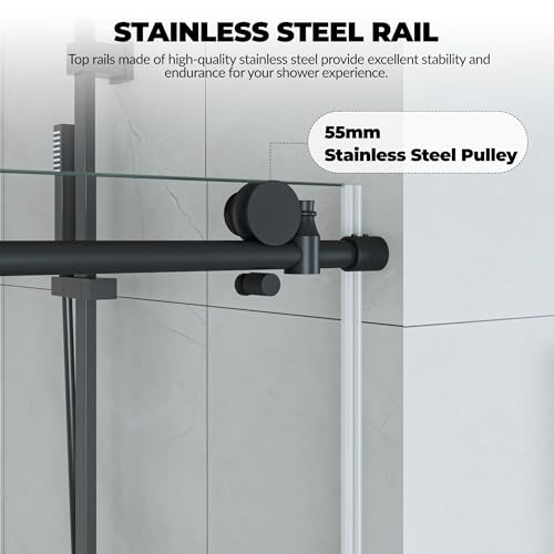 Image of Frameless Shower Door 56-60 inch Wx76 inch H, Round Stainless Steel Track, 6mm Tempered Glass, One Fixed One Sliding Door, Matte Black Finish, Modern Bathroom Shower Enclosure
