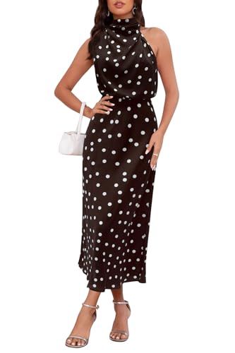 Image of Women's Satin Maxi Dress Summer Formal Wedding Guest Cocktail Dress | Mock Neck Sleeveless,Elegant Silk Midi Long Dress,High Neck,Halter,Aline,Bridesmaid,Bridal Shower Guest,Garden Party,Dinner