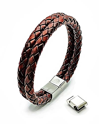 arana's - Pulsera cuero hombre mujer y niños - Cuero genuino auténtico - Cordón trenzado negro y marrón - Cierre magnético de acero inoxidable con eslabón extensible - Hebilla negra oro o plata