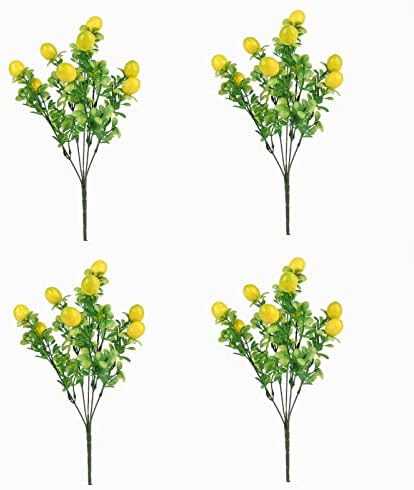 FQQWEE 4PCS Artificial Lemon Plants Branches 14Inch Faux Yellow Lemon Branch Stems with Green Leaves Simulation Fruit Fake Lemon Tree Picks Props for Home Weddng Party Decor
