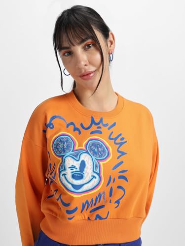 Image of JUNEBERRY Cotton Poly Fleece Official Disney Merchandise Regular Fit Orange & Green Mickey Mouse See Ya Real Soon Graphic Print Full Sleeve Sweatshirt for Women