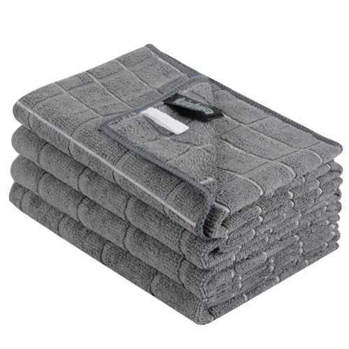 KinHwa 4er Set Geschirrtücher Mikrofaser in 45x65cm Hochsaugfähig & Langlebig Fusselfrei Streifen Geschirrtuch -Tea Towels- Dicke Premium Geschirrtuchgrau