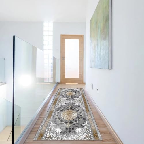 Alfombra de pasillo estilo vintage de diseño lavable y gris 4