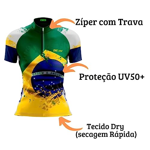 Camisa Ciclismo Feminina Brasil Ciclista Bike Proteção UV50 Cor:Verde+Amarelo;Tamanho:M