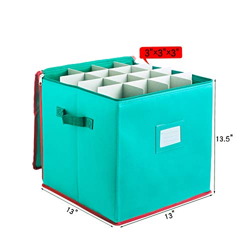 Joiedomi Christmas Ornament Storage Box With Adjustable Dividers, Hold Up To 64 Ornaments Balls & Christmas Accessories, Oxford Ornament Storage Container With Zippered Closure, Two Handles & Card Slot 13X13X13.5"(Blue) #TOP2