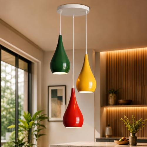 Image of LEDSone 3 Light Teardrop Pendant Ceiling Light with Green Yellow Red Shades