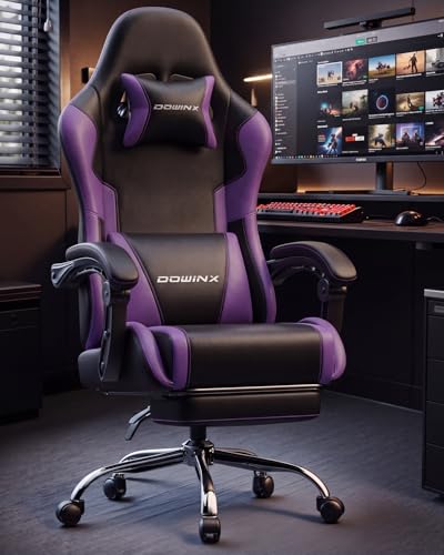 Image of Dowinx Ergonomic Gaming Chair with Footrest & Massage Lumbar, 2D-Linkage Armrests for Computer Chair 330lbs with Headrest Pillow for Office, Home, Streaming and Long Gaming Sessions, Fabric Purple