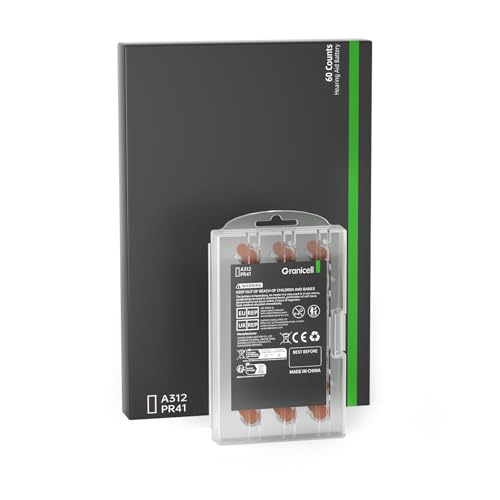 Image of Granicell Hearing Aid Batteries Size 312, Long Lasting Zinc-Air Batteries, 1.45 Volt, Easy to Open, Mercury and Cadmium Free, 60 Count