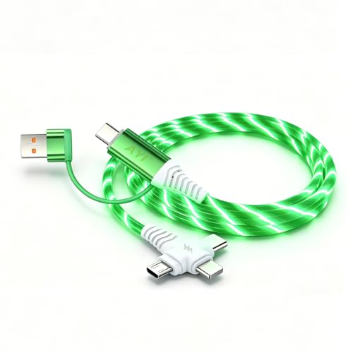 Image of AYI 6-in-1 USB Charging Cable with Green Flowing LED Light, 1m PVC Tangle-Free Universal Sync Cord, Smart Trickle Charging for Phones, Tablets, and More (Cross-Shaped Design).