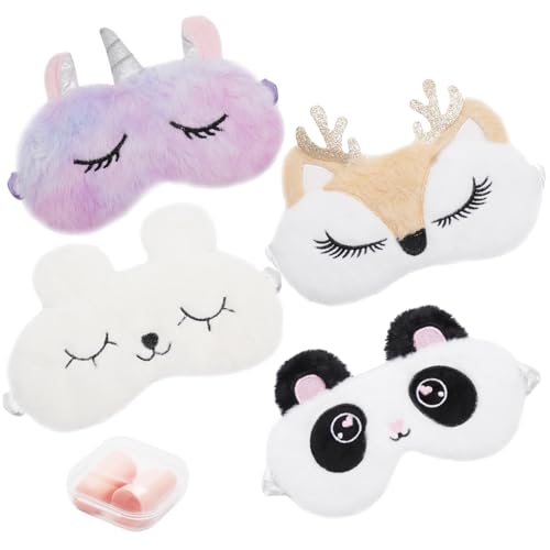 TMZELOA 4 Stück Schlafmaske Kinder, Schlafmaske Mädchen, Ultraweich Schlafmaskes Kinder Mädchen Schlafmaskes Lustig Plüsch Augenbinde Augenmaske...