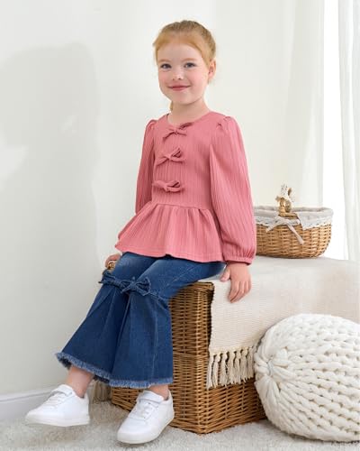 Toddler Baby Girl Clothes, Little Girls Fall Winter Outfits Clothing, Bow Shirt Flared Denim Pants Bell Bottom Jeans3